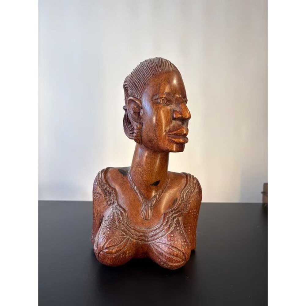 African Carved Wood Bust Woman Long Neck Coiled Coiffure Beaded Collars 11 in
